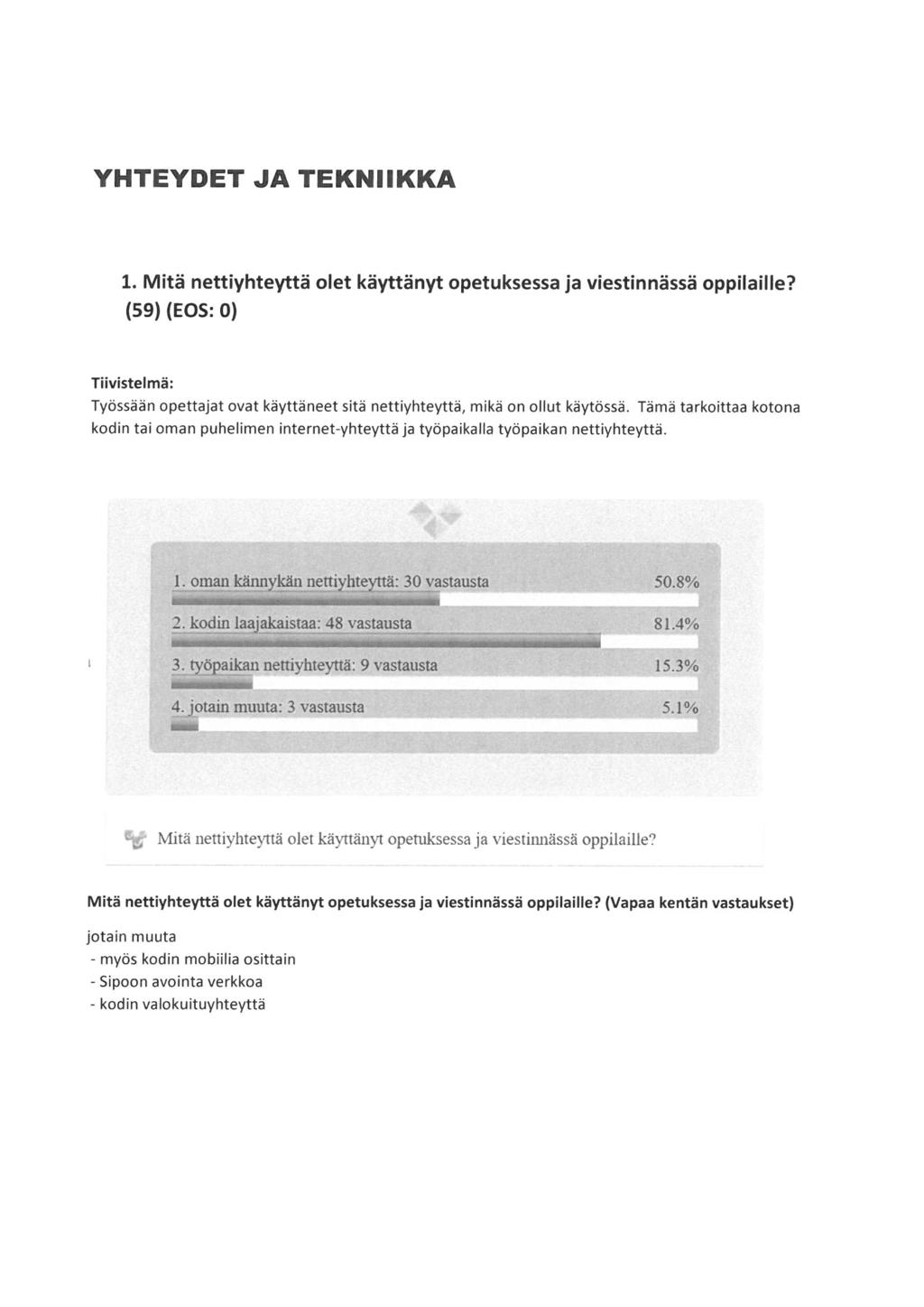 YHTEYDET JA TEKNIIKKA l. Mitä nettiyhteyttä olet käyttänyt opetuksessa ja viestinnässä oppilaille?