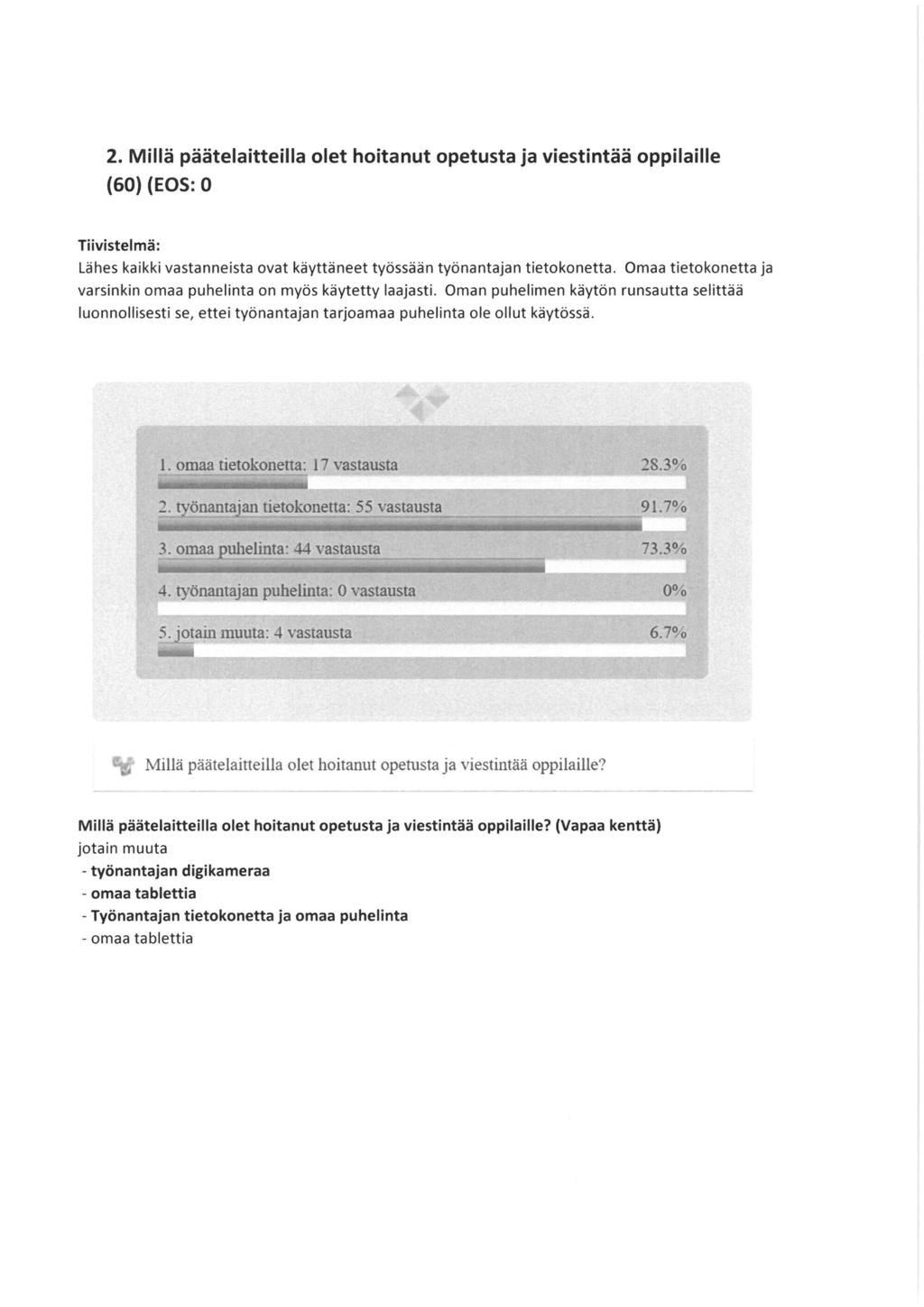 2. Millä päätelaitteilla olet hoitanut opetusta ja viestintää oppilaille (60) (EOS: O Tiivistelmä: Lähes kaikki vastanneista ovat käyttäneet työssään työnantajan tietokonetta.