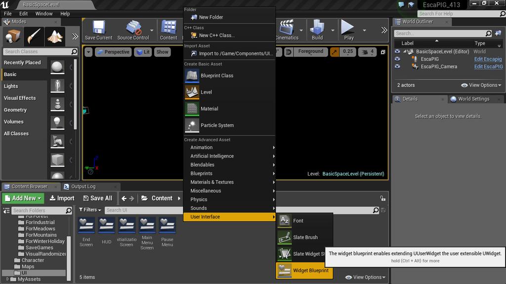 oleva valikko tai peitealue. Edellä mainitussa tilanteessa hyvä menettely olisi tehdä Widget Blueprintit sekä HUDille että taukovalikolle. (12.) KUVA 2. Widget Blueprintin luominen Unreal Enginessä.