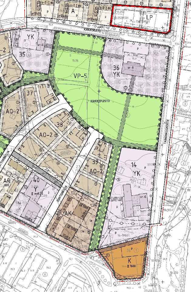 AK 1102: Osallistumis- ja arviointisuunnitelma 7 Kuva 6: Ote asemakaavasta. Suunnittelualue YK-korttelialue korttelissa 14. Rakennuskiellot Suunnittelualueella ei ole voimassa olevia rakennuskieltoja.