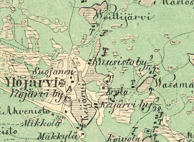 Ote vuoden 1765 isojakokartasta. Kartta 5. Ote Kalmbergin kartaston kartasta vuodelta 1855.
