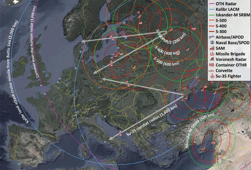 33 Kuva 3. Venäjän A2/AD-kyky. 124 Naton ja Baltian maiden kannalta erityisesti Kaliningradin A2/AD-kyvyt aiheuttavat haasteita.