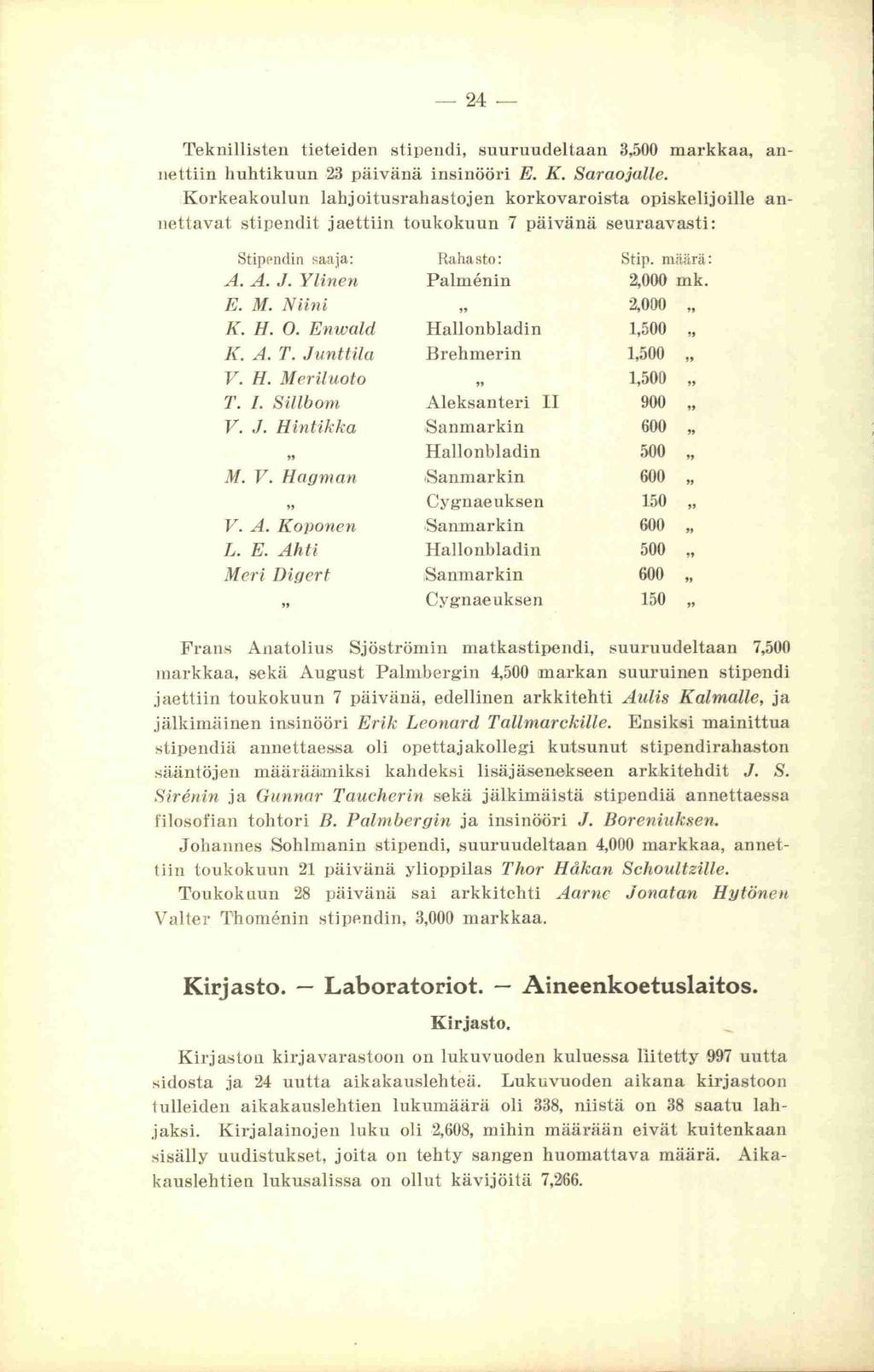 24 Teknillisten tieteiden stipendi, suuruudeltaan 3,500 markkaa, annettiin huhtikuun 23 päivänä insinööri E. K. Saraojalle.