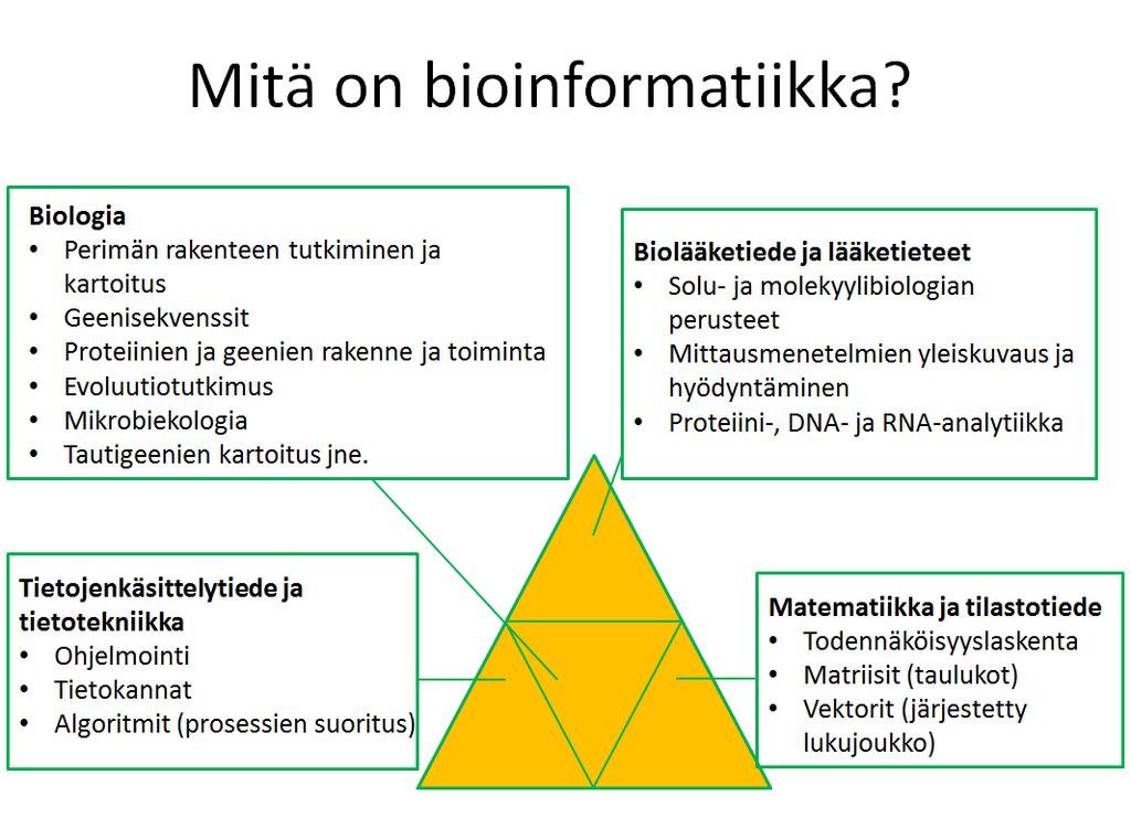 Kuva 3. Bioinformatiikka ja sitä hyödyntävät alat. ( muokattu Tuimala 2007) 3.3.1 Alkuperäisdata Data on alkuperäistä, järjestelemätöntä tietoa.