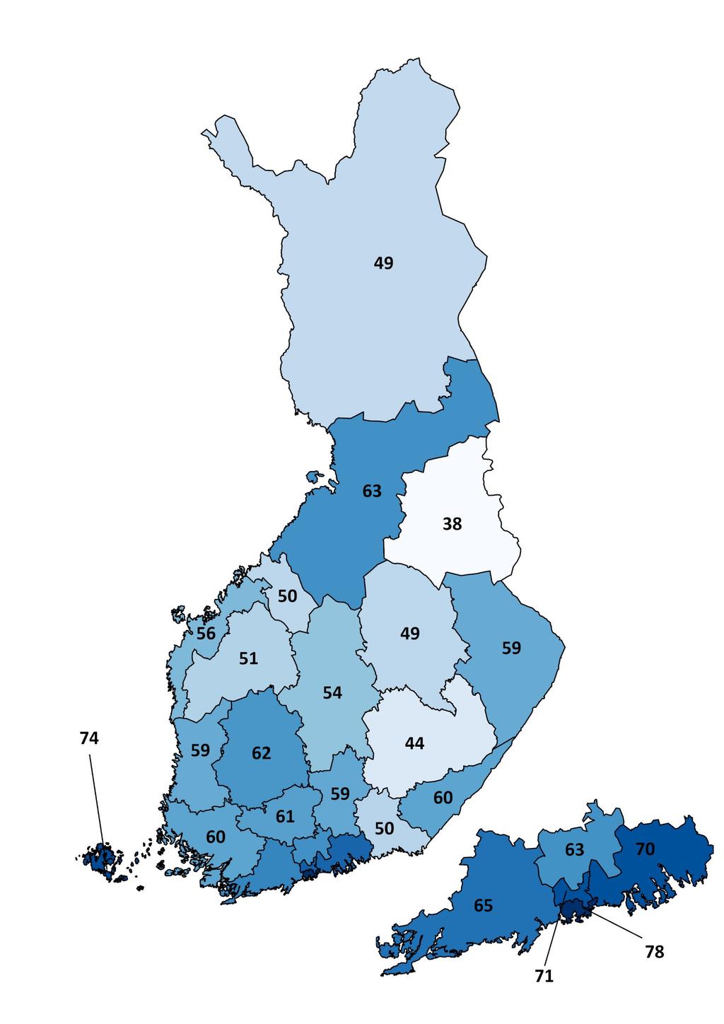 KANTOKYKYINDEKSI TALOUDELLINEN PERUSTA Kartassa kuvataan kantokykyindeksin kuuden muuttujan tulos hyvinvointialueittain indeksoinnin jälkeen.