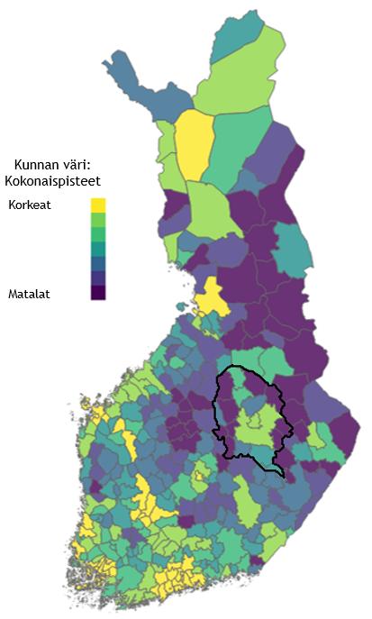 Kuva 13. MDI:n aluekehityksen indeksin kokonaispistemäärä Manner-Suomessa vuonna 2019. Pohjois-Savo rajattuna.