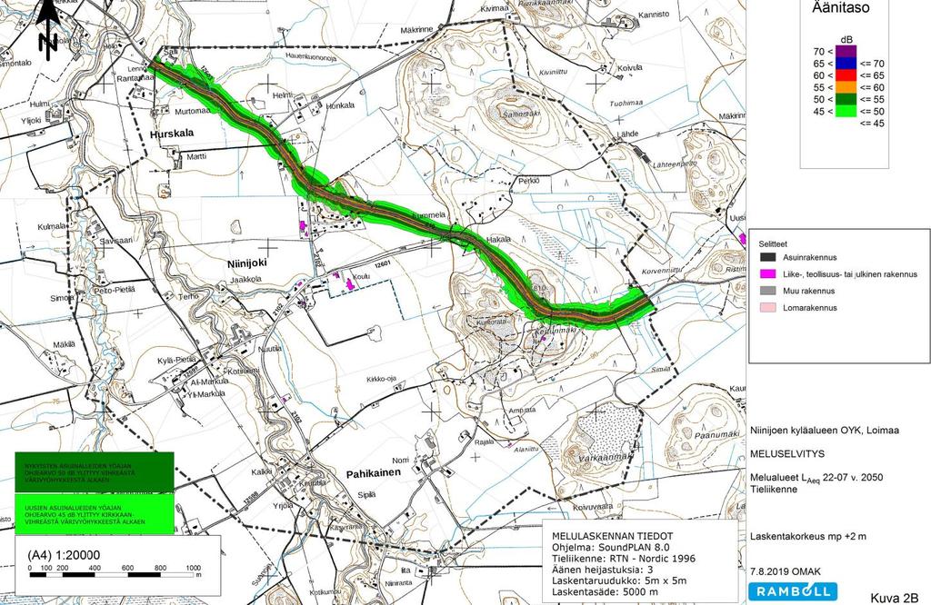 NIINIJOEN KYLÄALUEEN OSAYLEISKAAVA 39 Kuva 2 18. Vuoden 2050 ennusteen mukaiset yöajan meluvyöhykkeet.