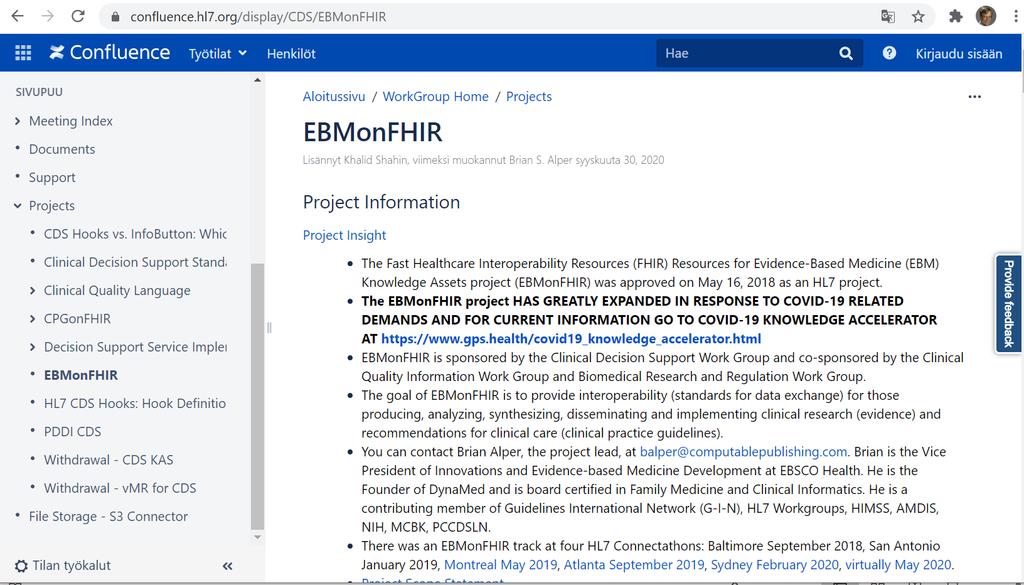 f- C i conflu ence.hl7.org/display/cds/ebmonfhir ::: = Confluence Työtilat V Henkilöt Hae Q. Kirjaudu sisään.. SIVUPUU.