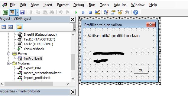 Kuvassa 16 näkymä VBA-koodista, jossa moduuli, proseduurit ja muuttujat. 34 Kuva 16.