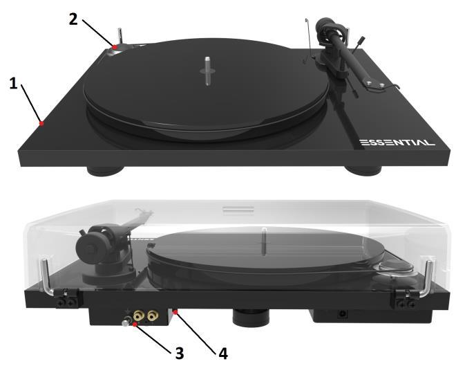 ESSENTIAL III Phono Osat, toiminnot ja liitännät 1 VIRTAKYTKIN 2 PORRASTETTU VETOPYÖRÄ 3 PHONO-/LINJALÄHTÖLIITÄNTÄ, MAAJOHTIMEN KIINNITYSRUUVI 4 PHONO-/LINJALÄHTÖLIITÄNTÄVALINTAKYTKIN Virtakytkin