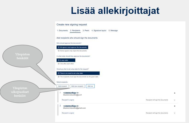 Lisää tämän jälkeen muu(t) allekirjoittaja(t) painikkeesta Lisää uusi henkilö ja syötä vastaanottajan nimi ja