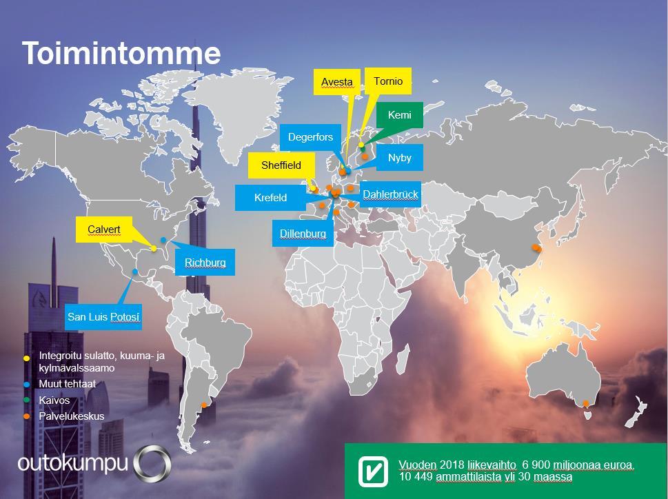 10 Kuvio 2. Outokumpu Oyj:n kaikki toimipaikat (Outokumpu 2020b) Outokumpu Oyj:n liikevaihto vuonna 2018 oli 6,9 miljardia euroa ja ruostumattoman teräksen toimitukset 2,4 miljoonaa tonnia.