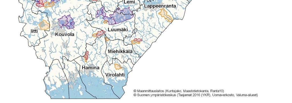 (Kouvola, Luumäki) - Savonkaita ja Riitjärvi (Ruokolahti) - Musta-Ruhmas ja Raajärvi (Kouvola) - Salajärvi ja Kaukheimonen (Savitaipale) - Luomijärvi (Hamina) - Valkjärvi ja Merkjärvi