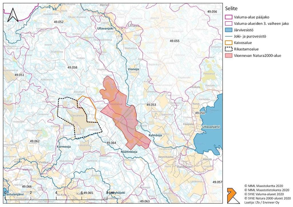 Kuva 5. Vionneva ja valuma-alueet. Vionnevan Natura-alue sijoittuu Ullavanjoen ja Köyhäjoen valuma-alueille. 3. jakovaiheen mukaisia valuma-alueita Vionnevalla on kolme: 49.053 Vionojan, 49.