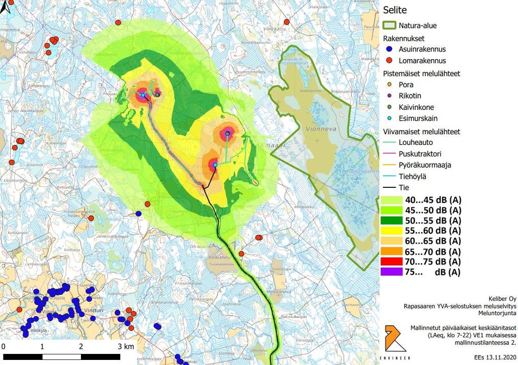 5.2.1.4 Meluvaikutukset Syväjärven ja Rapasaaren kaivosalueiden melumallinnus uusittiin sekä rikastamo- että kaivostoiminnan osalta.