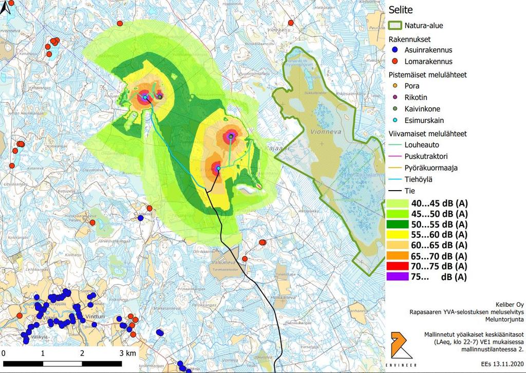 Kuva 10. Vaihtoehdon VE1 meluvaikutukset molempien kaivosten ollessa toiminnassa.