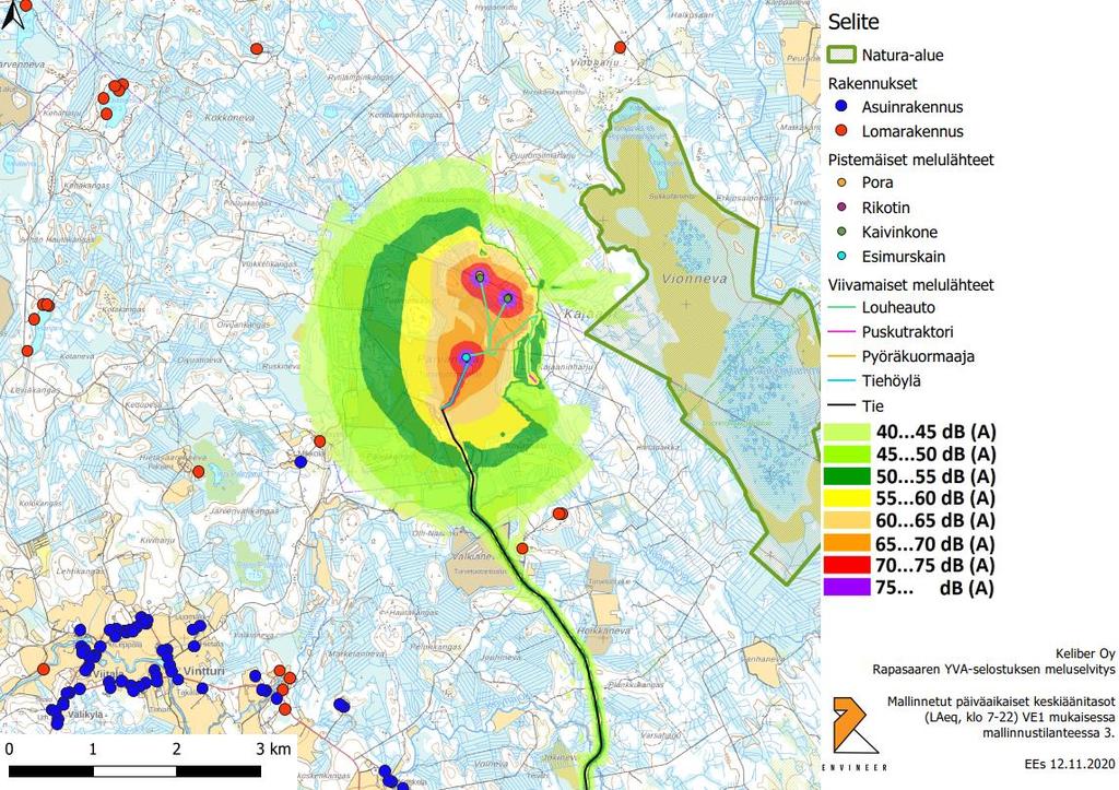 Mallinnustulosten perusteella kuvatussa tilanteessa meluvaikutukset ulottuvat Natura-alueen