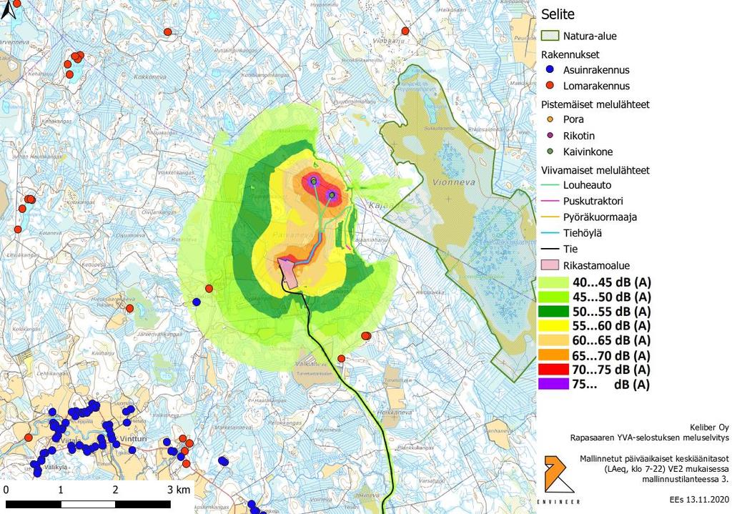 Päiväajan keskiäänitasot hankealueella ja sen ympäristössä. Kuva 14.