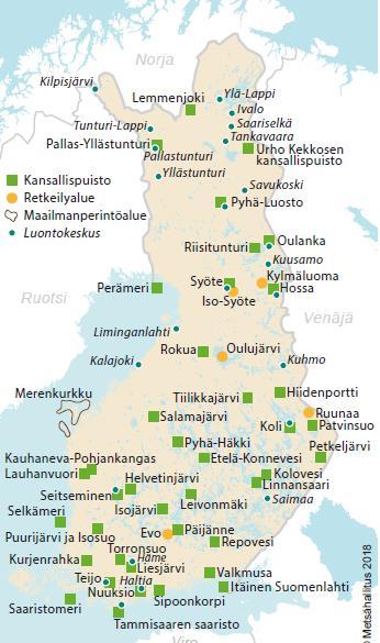 4 retkeilypalvelujen tuottaminen. Hoidon piiriin kuuluvat kansallispuistot, Lapin erämaaalueet, valtion retkeilyalueet (Kuva 3) ja luonnonpuistot.