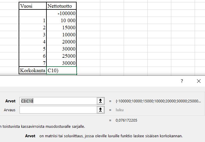 29 Kuvio 4. Sisäinen korko Excelissä (Opinnäytetyön tekijä 2020) Excelissä sisäisen korkokannan laskenta onnistuu sisäinen.