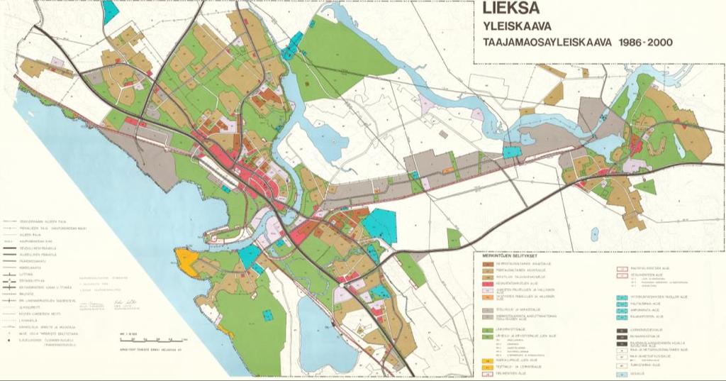 2.3.2 YLEISKAAVOITUS Aluetta koskee kaupunginvaltuuston 1.12.1986 vahvistama Lieksan taajamaosayleiskaava, joka on oikeusvaikutukseton. Kuva 3 Ote Lieksan taajamaosayleiskaava 1986 2000. 2.3.3 ASEMAKAAVOITUS Yleiskaava-alue on lähes kauttaaltaan asemakaavoitettu.