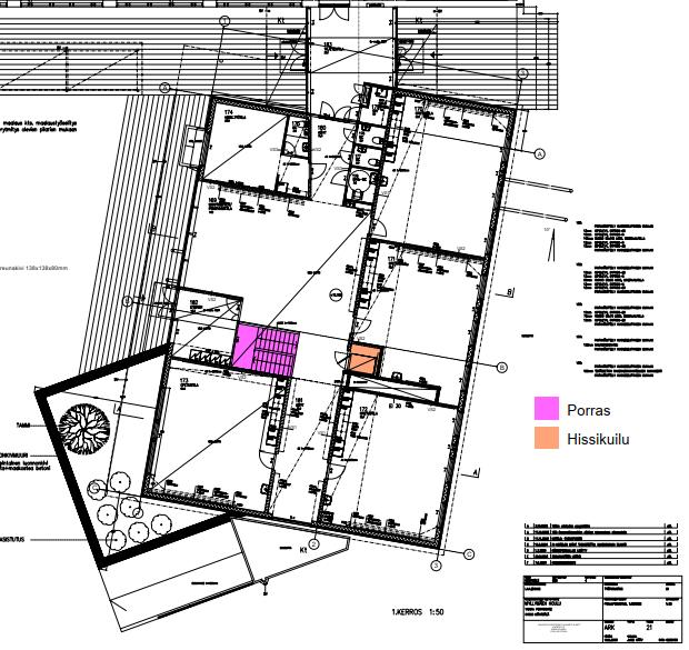 Riskiarvio ja kuntokatselmus 26 (42) 4.11 Porras- ja hissikuilut Sijainti Kuva 39. Porras- ja hissikuilujen sijainnit pohjakuvassa.