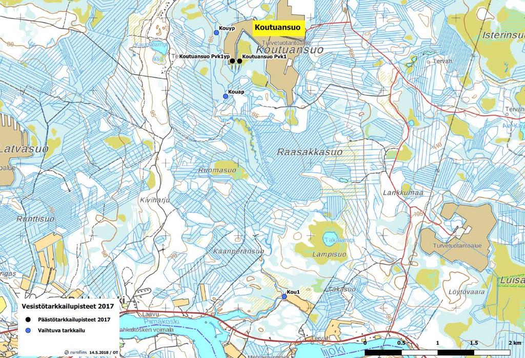 49 Kuva 5-5. Koutuansuon vesistötarkkailupisteiden ja päästötarkkailupisteiden sijoittuminen vuonna 2017.