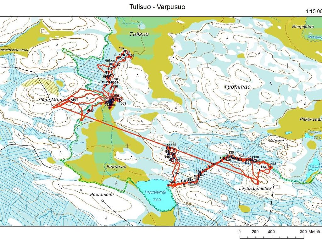 Merkittävimpien lajihavaintojen koordinaattitiedot on tallennettu Excel-taulukkoon. Kartta.