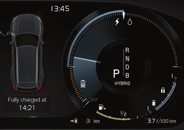 HYBRIDITIEDOT KULJETTAJAN NÄYTÖSSÄ Kuljettajan näytössä näytetään useita symboleja ja animaatioita valitusta ajotilasta riippuen. Sähkön ja polttoaineen kulutus näytetään mittareissa oikealla.