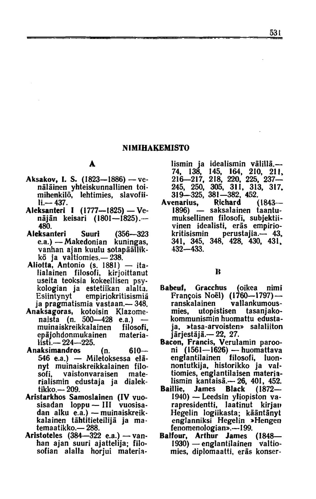 531 A NIMIHAKEMISTO Aksakov, I. S. (1823 1886) venäläinen yhteiskunnallinen toimihenkilö, lehtimies, slavofiili. 437. Aleksanteri I (1777 1825) Venäjän keisari (1801 1825). 480.