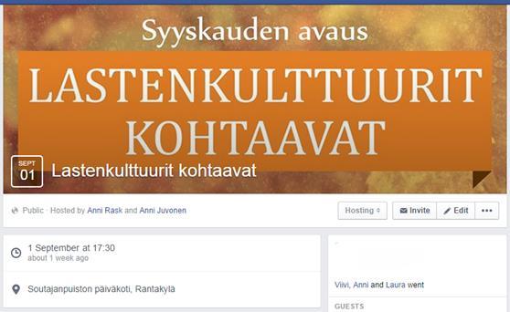 34 Kuva 1. Facebook-tapahtuma 8.3 Tapahtuman toteutus Lastenkulttuurit kohtaavat -tapahtuma on opinnäytetyömme tuotos. Tapahtuma järjestettiin 1. syyskuuta 2014 Soutajanpuiston päiväkodin pihalla.