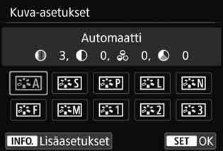 A Kuva-asetusten valitseminenk Valitsemalla kuva-asetuksen saat kuviin haluamasi kuvaominaisuudet, jotka sopivat tavoittelemaasi kuvalliseen ilmaisuun tai kuvan kohteeseen.