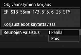 Nämä objektiivin aberraatiot ja reunojen valaistuksen heikkeneminen voidaan korjata. Oletusasetus on, että Reunojen valaistuksen korjaus- ja Kromaatt.