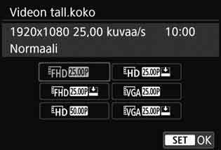 3 Videon tallennuskoon määrittäminen Asetuksella [Z2: Videon tall.koko] voit valita videon tallennuskoon (kuvan koon, kuvataajuuden ja pakkausmenetelmän) sekä muita toimintoja.