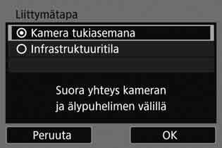 Määritä [51]-välilehdessä [Wi-Fi/ NFC]-asetukseksi [Päällä] ja valitse sitten [Wi-Fi-toiminto]. Valitse [q]. Valitse [q] (Yhteys älypuhelimeen) ja paina <0>-painiketta.