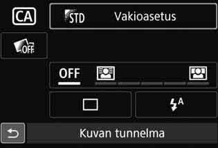 C Luova automaattikuvaus <C>-tilassa voi määrittää seuraavat toiminnot kuvaamista varten: (1) Lisätehoste, (2) Kuvan tunnelma, (3) Epäterävä tausta, (4) Kuvaustapa ja (5) Salamatoiminto.