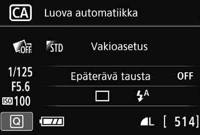 C Luova automaattikuvaus (1) Valotusaika Aukko ISO-herkkyys (2) (3) (5) (4) Jos määrität asetuksen (1), (2) tai (3) näytöllä kuvauksessa, voit tarkastella vaikutusta näytöllä ennen kuvaamista.