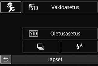 Voit myös valita kuvaustilan kuvakkeen ja painaa <0>-painiketta, jolloin näyttöön tulee valikoima kuvaustiloja, joista voit valita haluamasi.