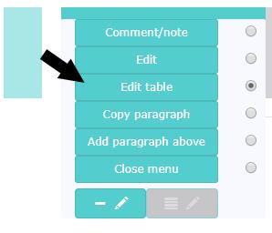 1 Taulukkoeditorin avaaminen ja sulkeminen Editointitilan saa päälle kappaleen vasemmasta reunasta avautuvan, kuvan 3.1 mukaisen valikon kautta valitsemalla komennon Edit table. Kuva 3.