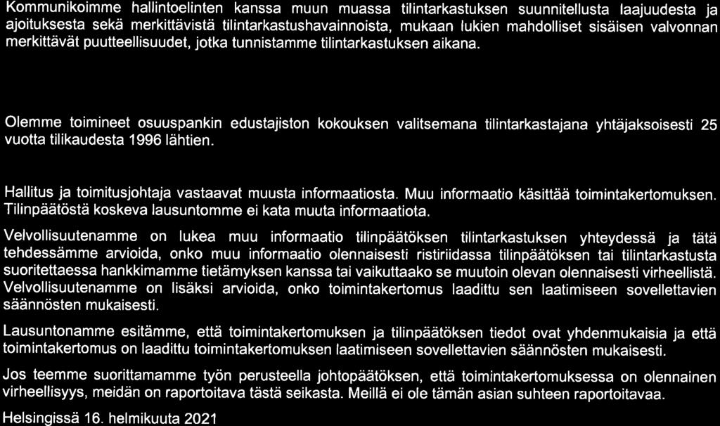 Uudenmaan Osuuspankki T i I i nta fu a stu ske rto m u s tilikaudelta 1. 1.-31.1 2.