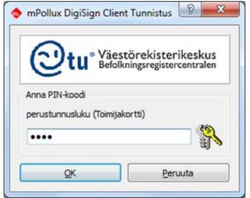 Kirjautumisen vaiheet 2/2 Syötetään varmennekortin PIN-koodi kortinlukijaohjelman