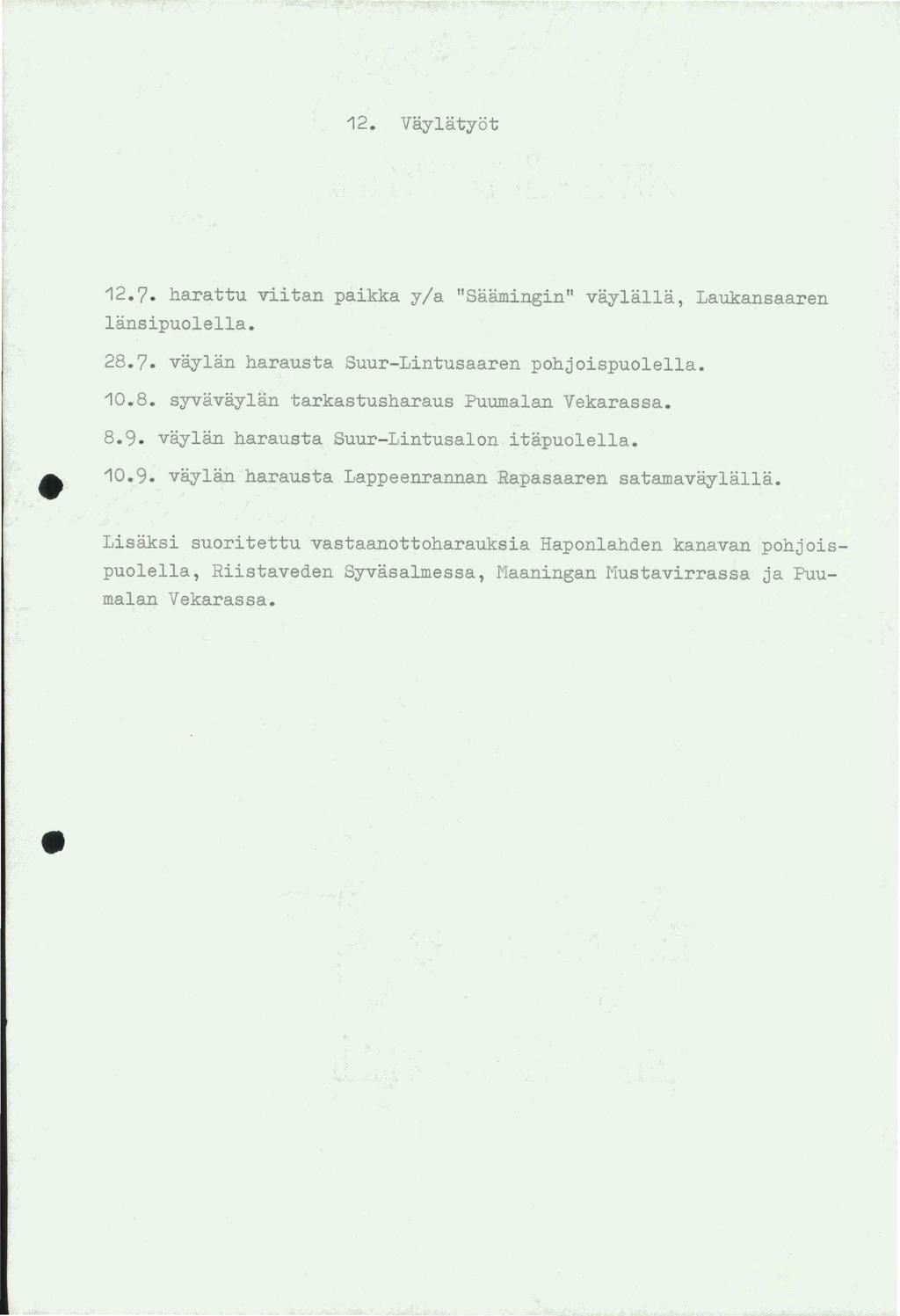 12. vaylatyot 12.7. harattu viitan paikka y/a "Saamingin" vaylalla, Laukansaaren lansipuolella. 28.7. vaylan harausta Suur-Lintusaaren pohjoispuolella. 10.8. syvavaylan tarkastusharaus Puumalan Vekarassa.