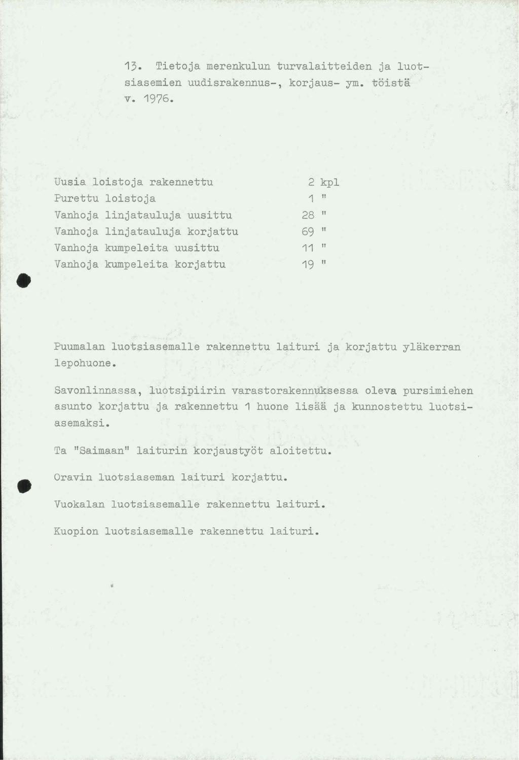 13. Tietoja merenkulun turvalaitteiden ja luotsiasemien uudisrakennus-, korjaus- ym. toista v. 1976.