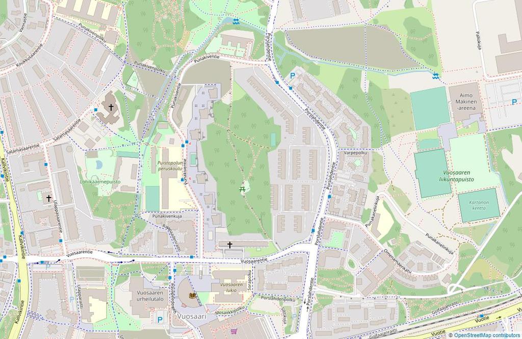 Kuva 7. Punakiventien työmaan sijainti kartalla (karttapohja: OpenStreetMap 2020).