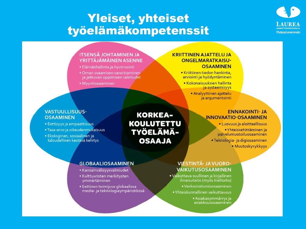 Laureasta valmistuu työelämään omaa työtään kehittäviä ja ammatillisesti sitoutuneita tulevaisuuden osaajia, joilla on edellytykset toimia työelämässä oman alansa asiantuntijatehtävissä.