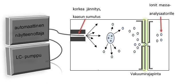 21 4.1 Ionisaatio APCI- menetelmässä näyte liuotetaan tyypillisesti liuottimeen ja pumpataan kapillaarin läpi varautumattoman kvartsiputken sisällä.