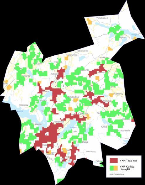 ) ulkopuoleiset asuinrakennukset merkitty karttaa n vihreillä pisteillä.