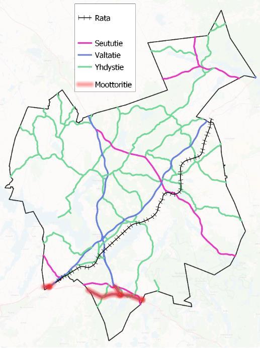 Suunnittelualueen tie- ja rataverkko. Lähde: Digiroad 4.3.3 ESA-radan yleissuunnittelu Liikenne- ja viestintäministeriö asetti loppuvuonna 2004 työryhmän selvittämään ns.