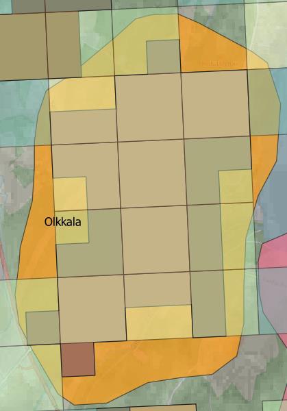 Kuva 1. Olkkala määritetty yllä kuvatuin menetelmin. Kuvassa näkyvissä mm. YKR -ruudut sekä vyöhykekartta.