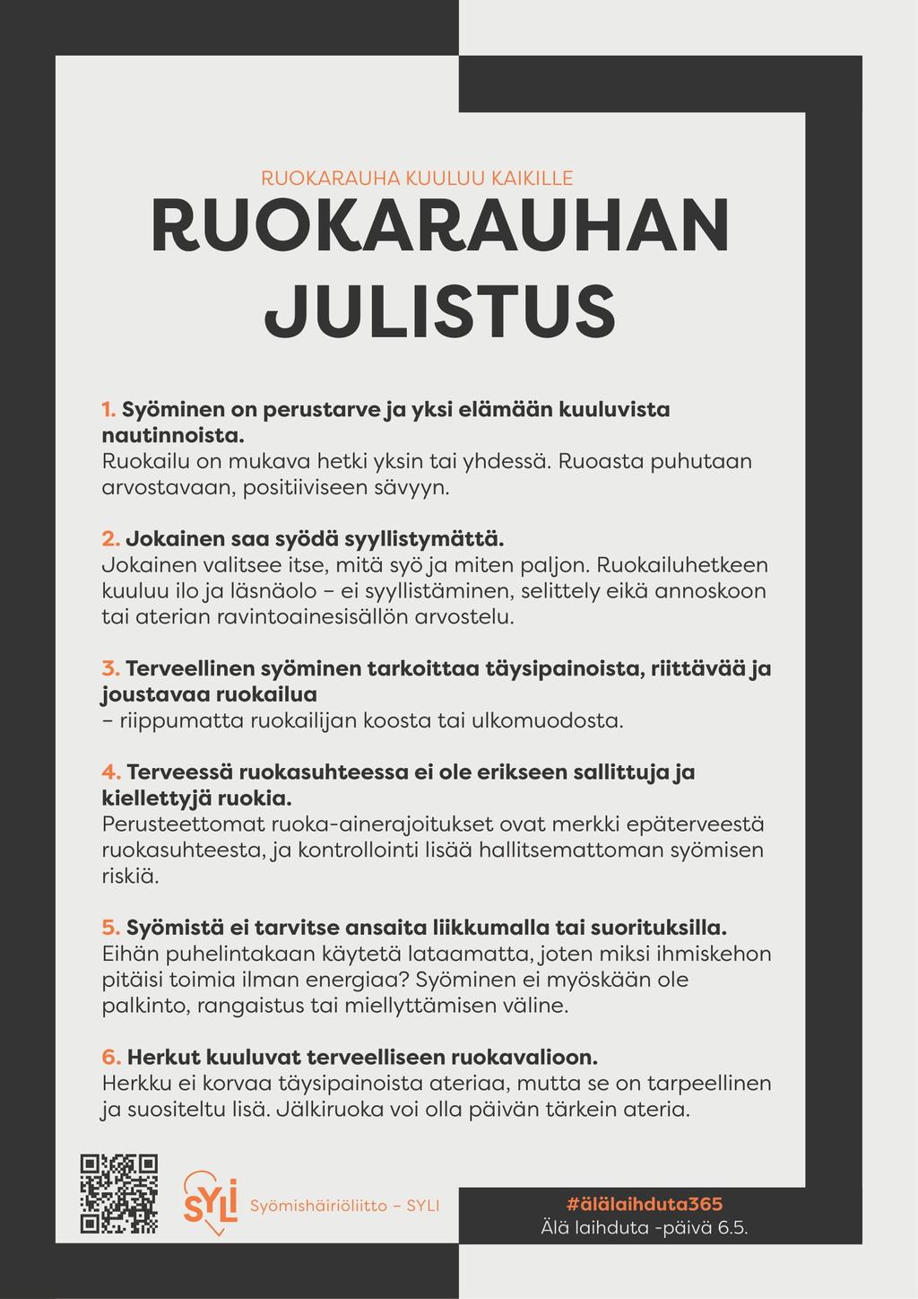 Liite 3: Ruokarauhan julistus. Syömishäiriöliitto SYLI.